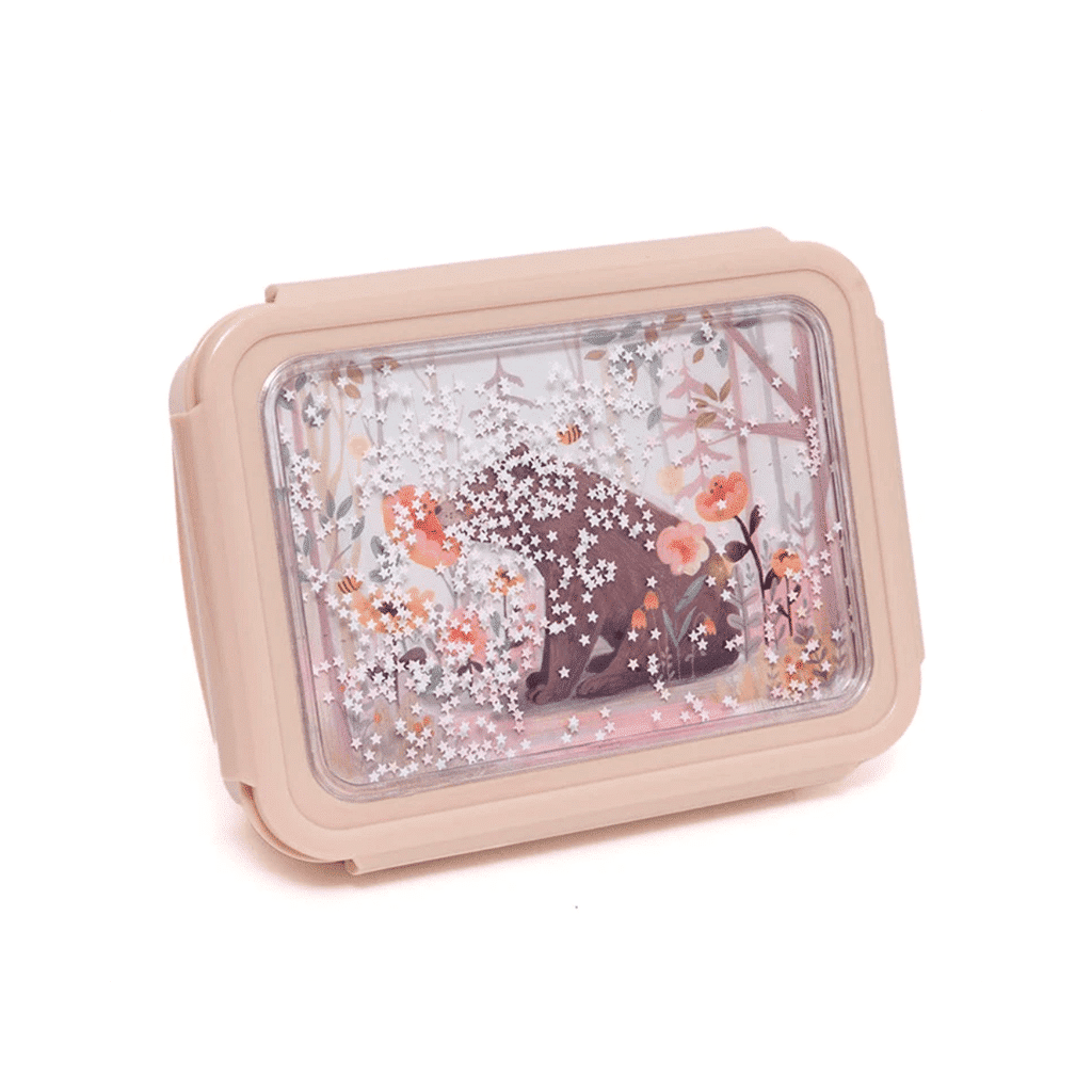 une boîte à repas ours avec un couvercle à paillettes. Il y a trois compartiments amovibles. Vue de face sur fond blanc