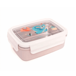 une boîte à repas transparente dinosaures avec un couvercle transparent et le récipient en acier peut se retirer. Vue de face sur fond blanc