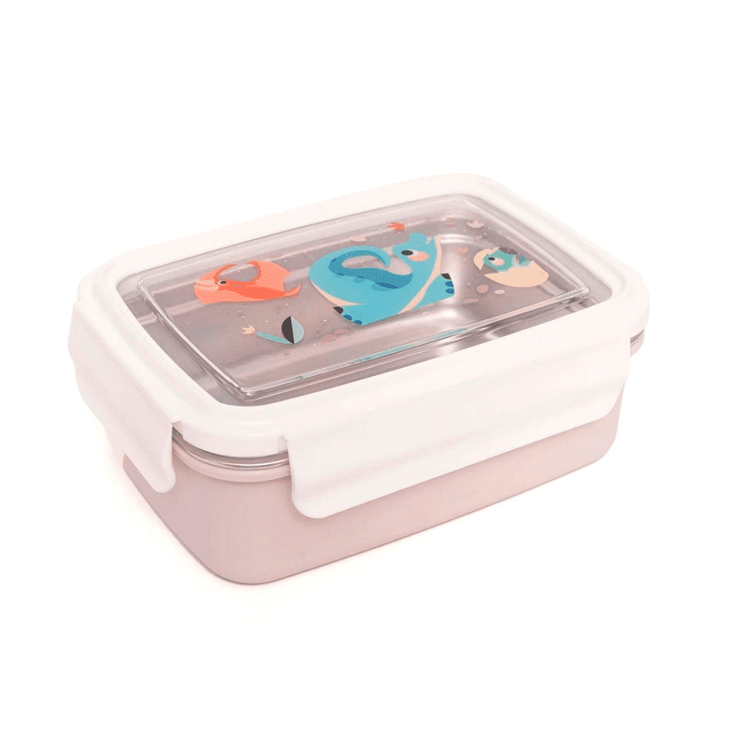 une boîte à repas transparente dinosaures avec un couvercle transparent et le récipient en acier peut se retirer. Vue de face sur fond blanc