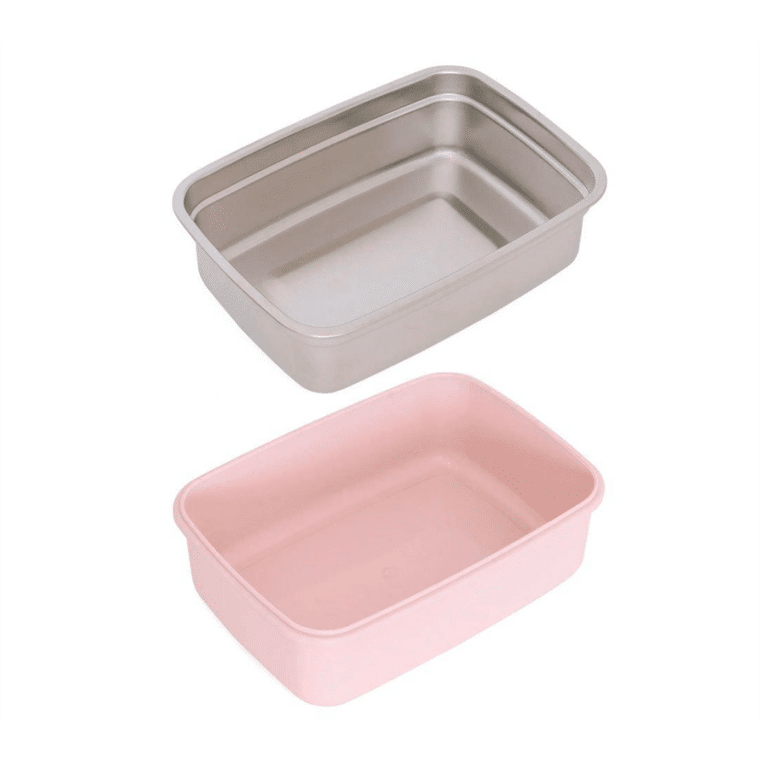 une boîte à repas transparente dinosaures avec un couvercle transparent et le récipient en acier peut se retirer. Vue de face avec les différents contenant sur fond blanc