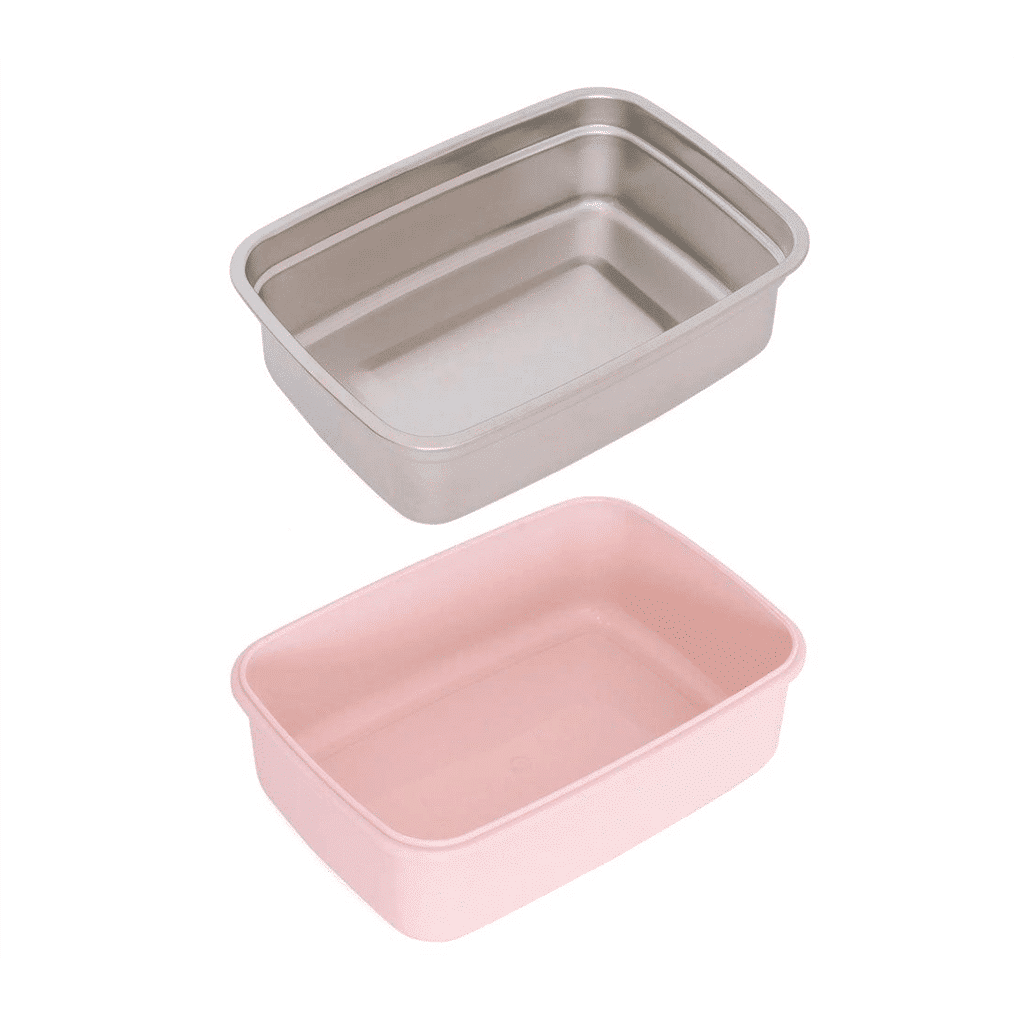 une boîte à repas transparente dinosaures avec un couvercle transparent et le récipient en acier peut se retirer. Vue de face avec les différents contenant sur fond blanc