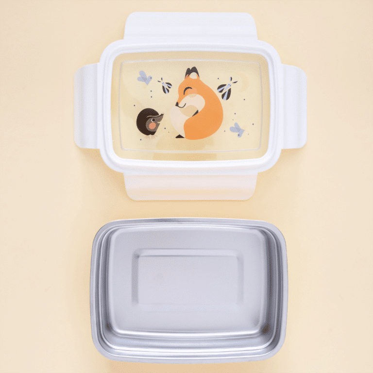 une boîte à repas transparente renard avec un couvercle transparent et le récipient en acier peut se retirer. Vue de face ouvert sur fond orange
