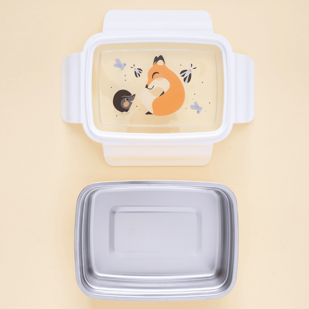 une boîte à repas transparente renard avec un couvercle transparent et le récipient en acier peut se retirer. Vue de face ouvert sur fond orange