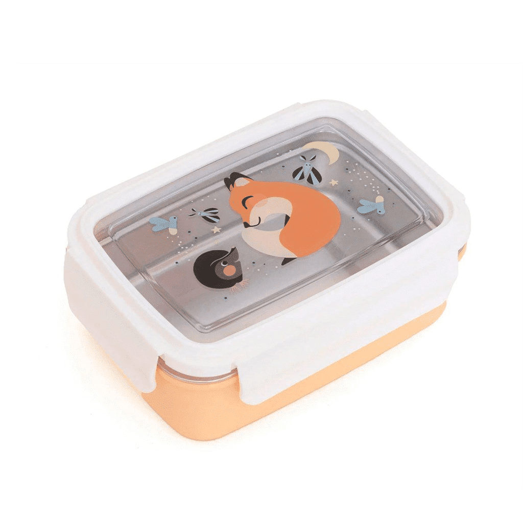 une boîte à repas transparente renard avec un couvercle transparent et le récipient en acier peut se retirer. Vue de face sur fond blanc
