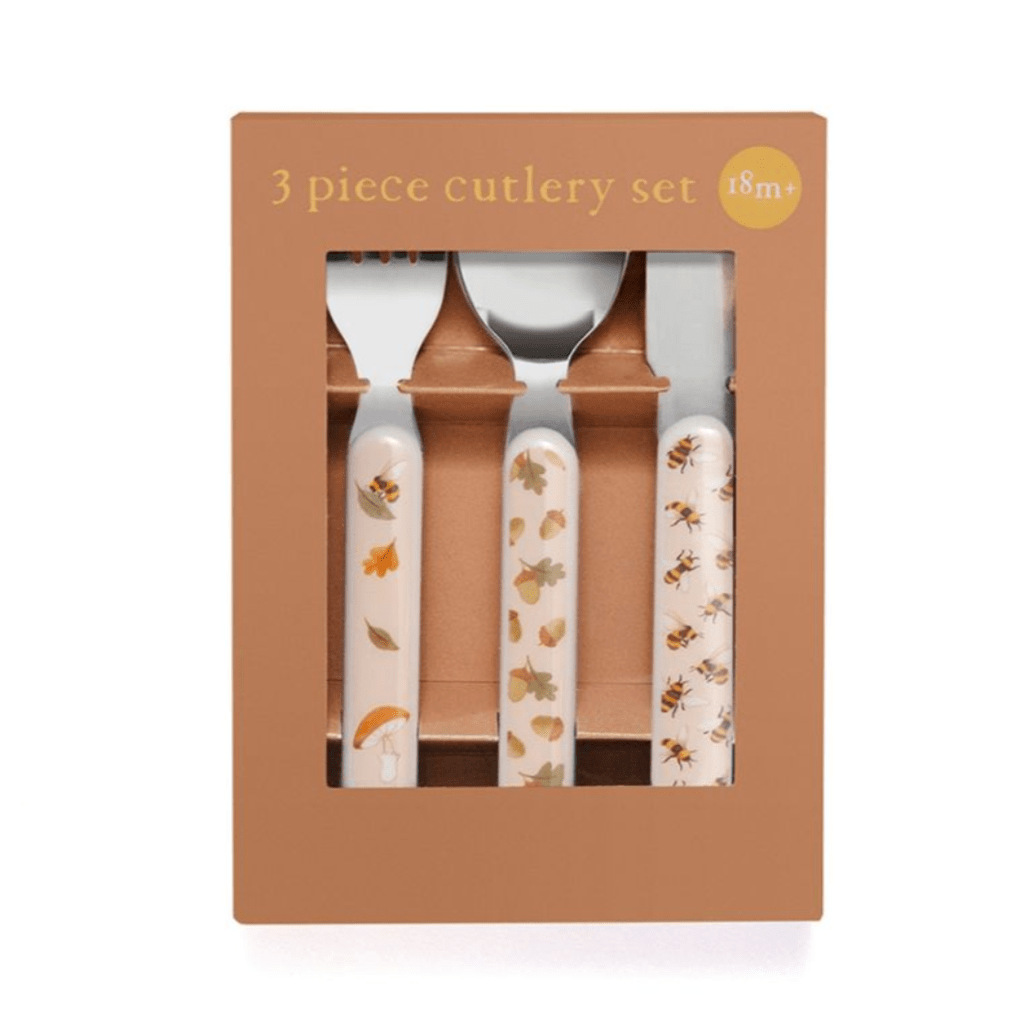 un set de couvert avec une fourchette une cuillère et un couteau pour les enfants de couleurs sauge, vue de face sur fond blanc