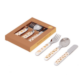 un set de couvert avec une fourchette une cuillère et un couteau pour les enfants de couleurs sauge, vue de face sur fond blanc