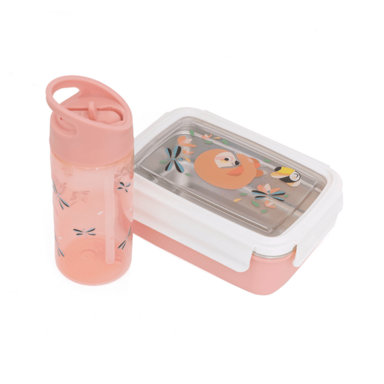 gourde libellules rose transparente avec une paille intégrée, vue de face avec une boîte à repas sur fond blanc