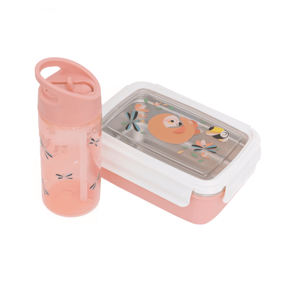 gourde libellules rose transparente avec une paille intégrée, vue de face avec une boîte à repas sur fond blanc