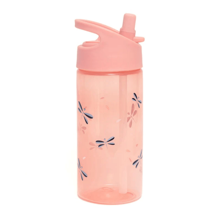 gourde libellules rose transparente avec une paille intégrée, vue de face sur fond blanc