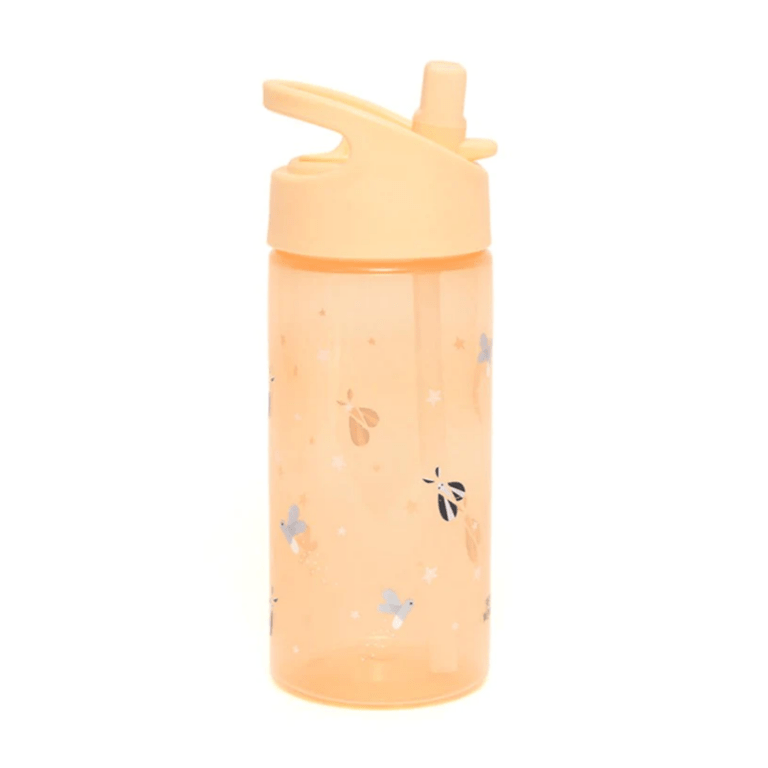 gourde lucioles jaune transparente avec une paille intégrée, vue de face sur fond blanc