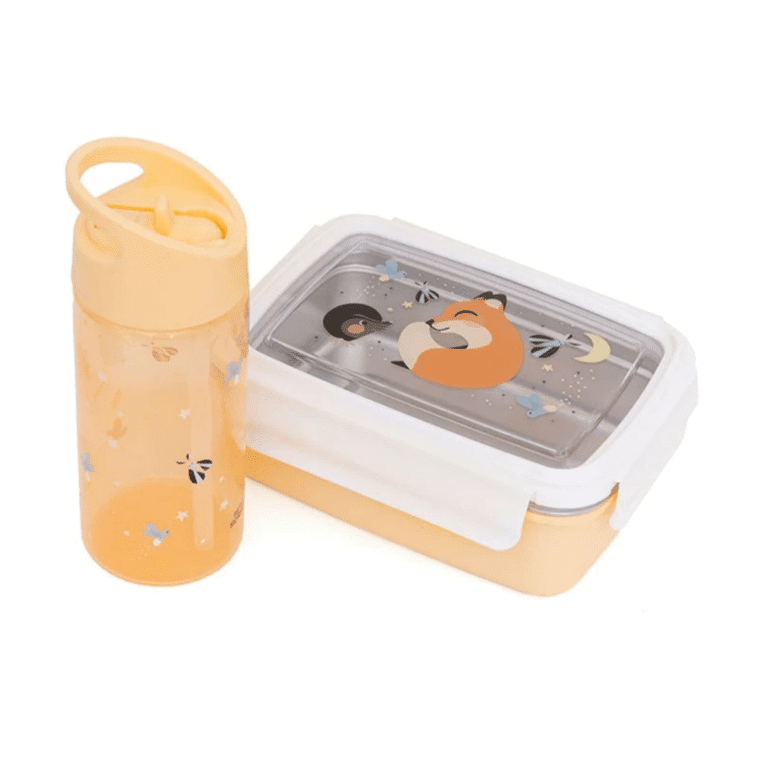 gourde lucioles jaune transparente avec une paille intégrée, vue de face sur fond blanc