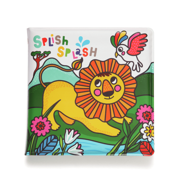un livre de bain magique sur la jungle avec un lion en première de couverture, vue de face sur fond blanc