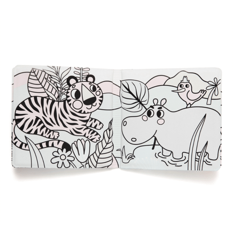 un livre de bain magique sur la jungle avec un tigre et un hippopotame, vue de face sur fond blanc