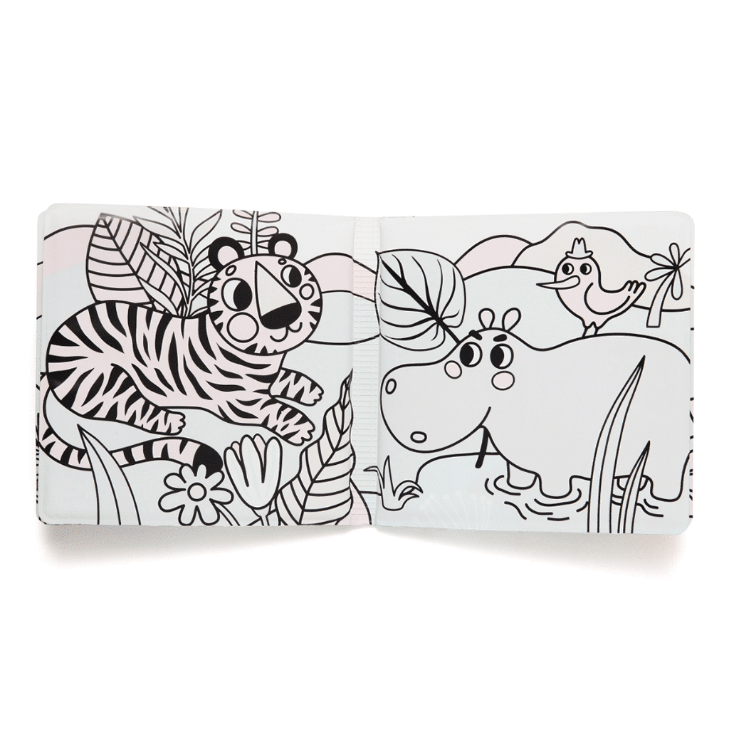 un livre de bain magique sur la jungle avec un tigre et un hippopotame, vue de face sur fond blanc