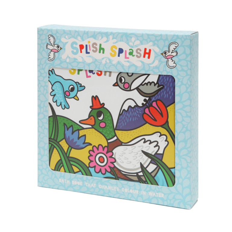 un livre de bain magique sur les oiseaux avec un canard en première de couverture, vue de face dans son emballage sur fond blanc