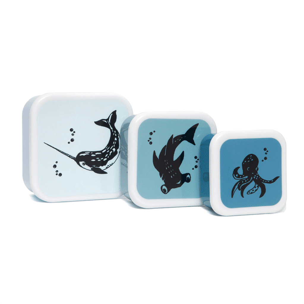 Lot de 3 boîtes à gouter animaux marins de différentes tailles et couleurs, vue de face sur fond blanc