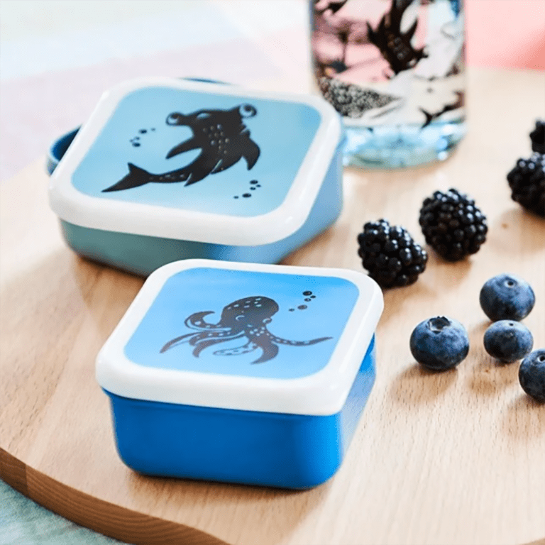 Lot de 3 boîtes à gouter ours de différentes tailles et couleurs, vue de face sur fond blanc