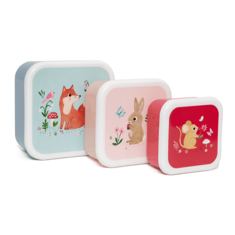 Lot de 3 boîtes à gouter forêt de différentes tailles et couleurs, vue de face sur fond blanc