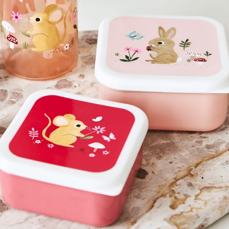 Lot de 3 boîtes à gouter forêt de différentes tailles et couleurs, vue de face sur fond blanc