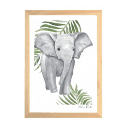 une affiche A4 éléphant Les Aquarelles de Marlène, vue de face sur fond blanc