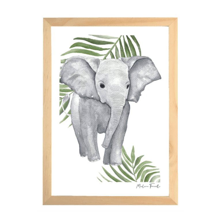 une affiche A4 éléphant Les Aquarelles de Marlène, vue de face sur fond blanc