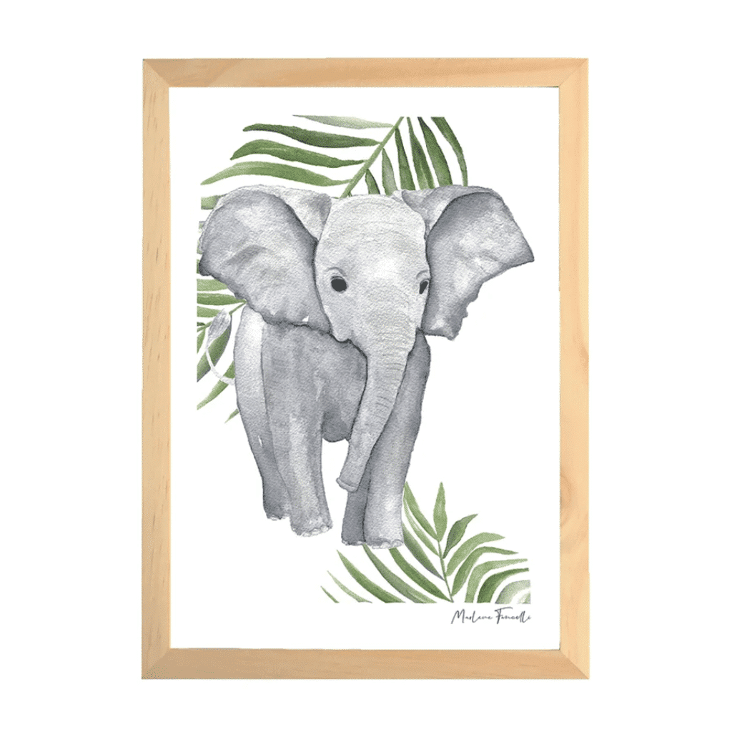 une affiche A4 éléphant Les Aquarelles de Marlène, vue de face sur fond blanc