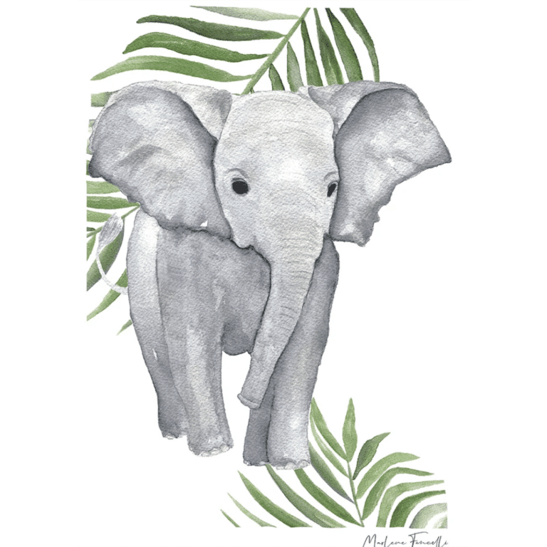 une affiche A4 éléphant Les Aquarelles de Marlène, vue de face sur fond blanc
