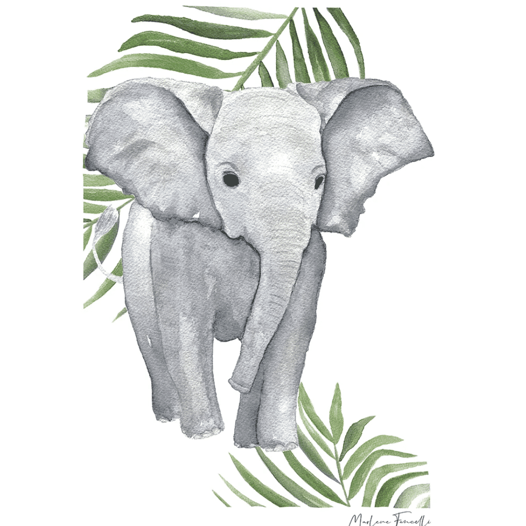 une affiche A4 éléphant Les Aquarelles de Marlène, vue de face sur fond blanc