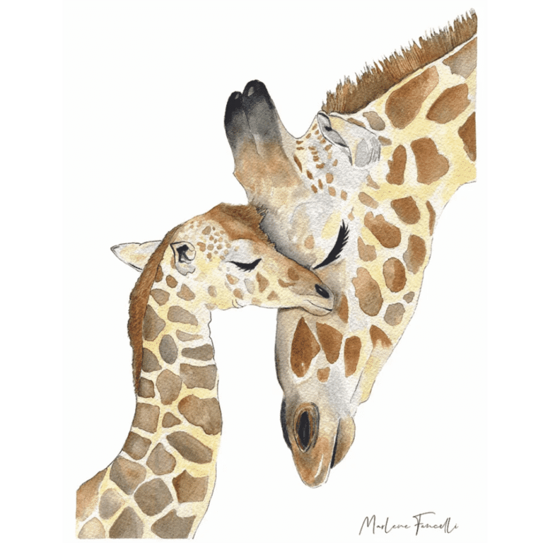 une affiche A4 famille girafe Les Aquarelles De Marlène, vue de face sur fond blanc