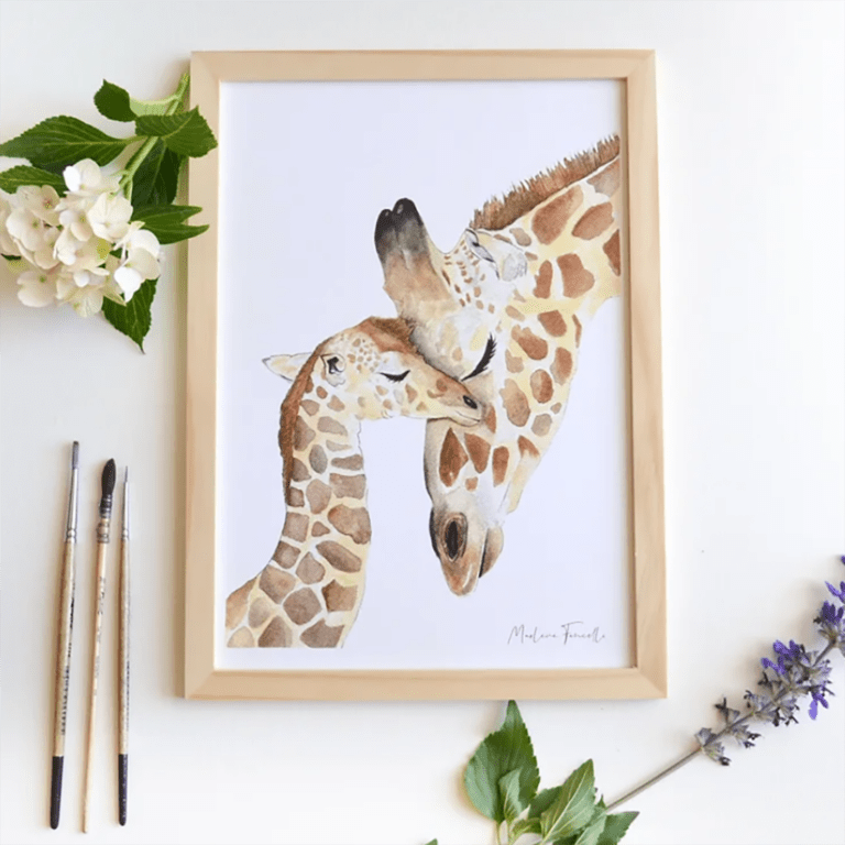 une affiche A4 famille girafe Les Aquarelles De Marlène, ambiance