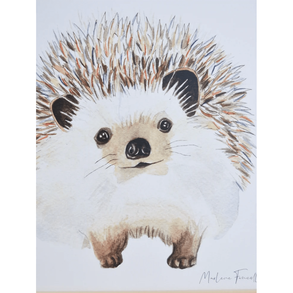 une affiche A4 hérisson Les Aquarelle de Marlène, vue de face sur fond blanc