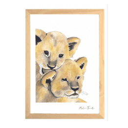 une affiche A4 lionceaux Les Aquarelles de marlène, vue de face sur fond blanc