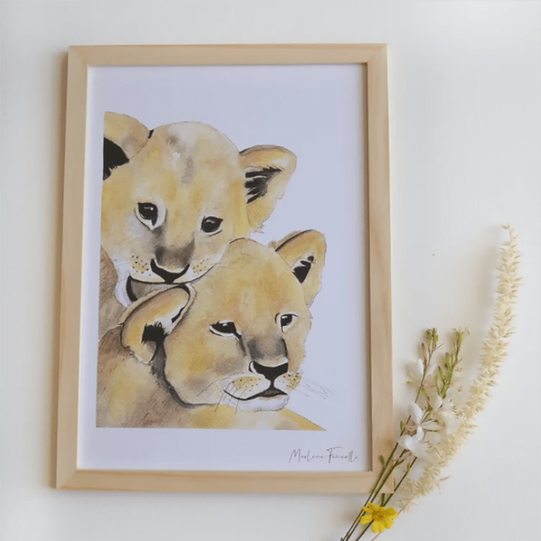 une affiche A4 lionceaux Les Aquarelles de marlène, ambiance
