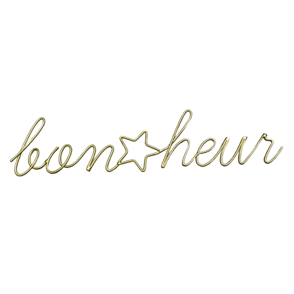 une décoration murale "bonheur" en métal, vue de face sur fond blanc