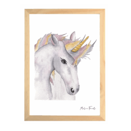 une affiche A4 licorne les aquarelle de marlène, vue de face sur fond blanc