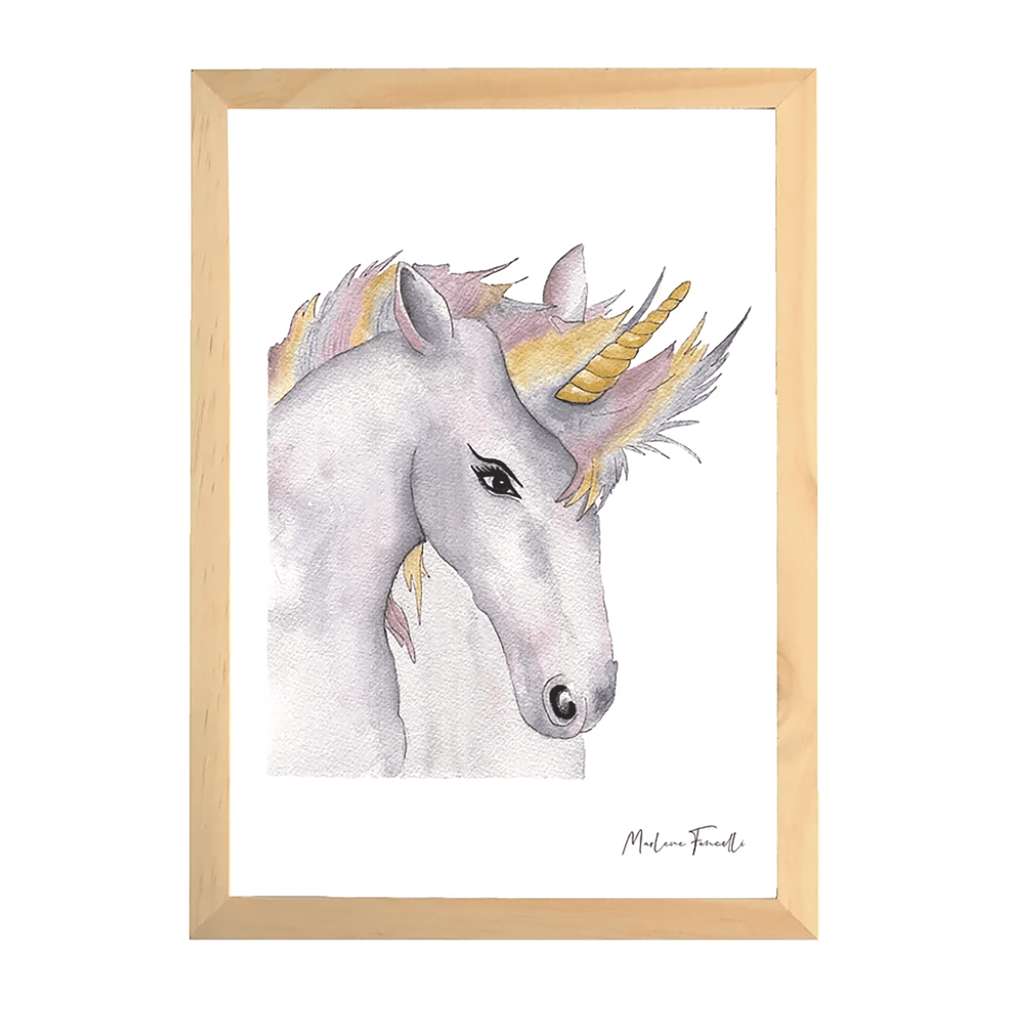 une affiche A4 licorne les aquarelle de marlène, vue de face sur fond blanc