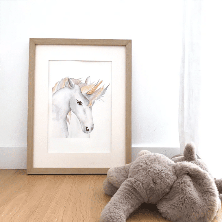 une affiche A4 licorne les aquarelle de marlène, ambiance