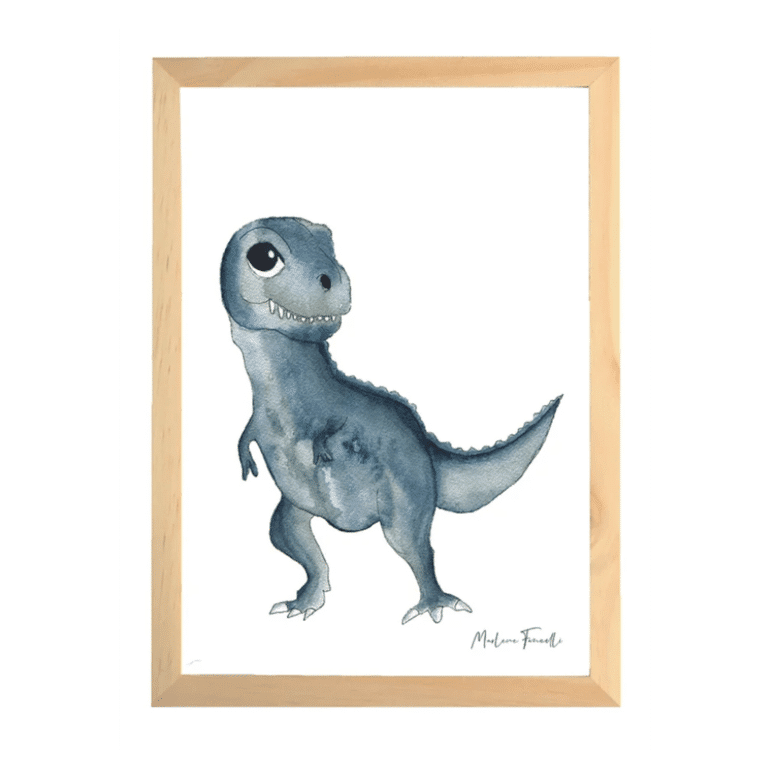une affiche A4 T-rex Les Aquarelles de Marlène, vue de face sur fond blanc