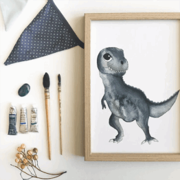 une affiche A4 T-rex Les Aquarelles de Marlène, ambaince