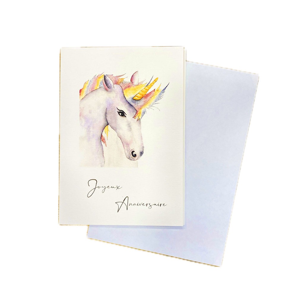 une carte avec son enveloppe licorne joyeux anniversaire, Les Aquarelles de Marlène, vue de face sur fond blanc