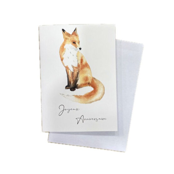 une carte avec son enveloppe renard joyeux anniversaire, Les Aquarelles de Marlène, vue de face sur fond blanc