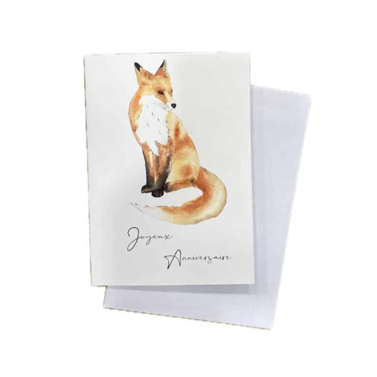une carte avec son enveloppe renard joyeux anniversaire, Les Aquarelles de Marlène, vue de face sur fond blanc