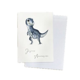 une carte avec son enveloppe t-rex joyeux anniversaire, Les Aquarelles de Marlène, vue de face sur fond blanc