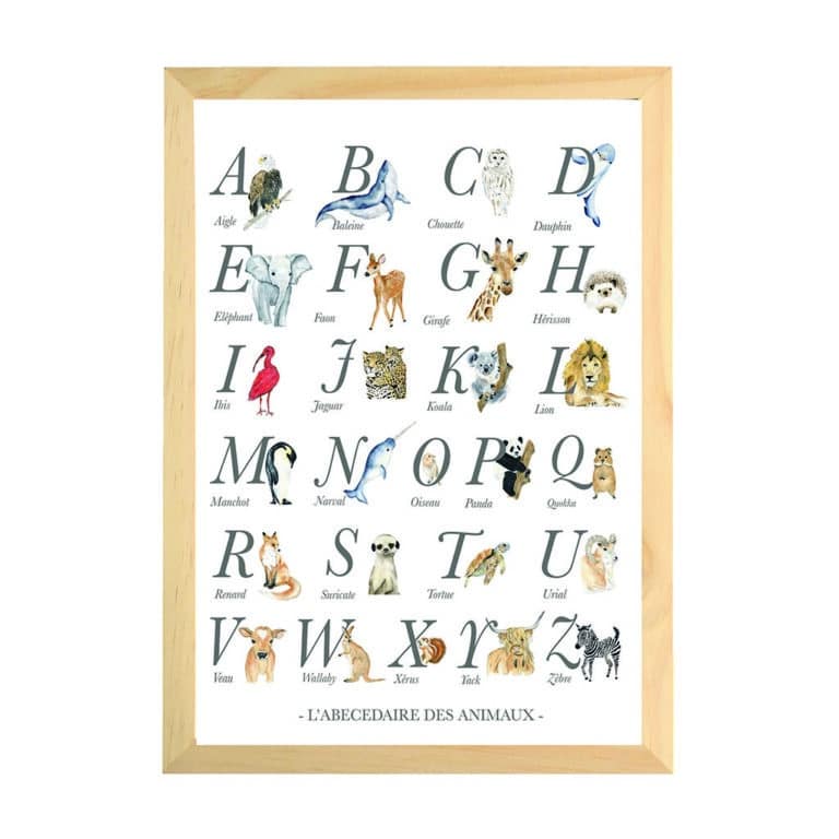 Une affiche A3 abécédaire de la nature Les Aquarelles de Marlène, vue de face sur fond blanc