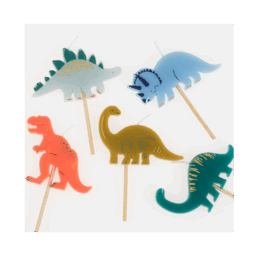 un assortiment de 5 bougies dinosaures Meri Meri, vue de face sur fond blanc
