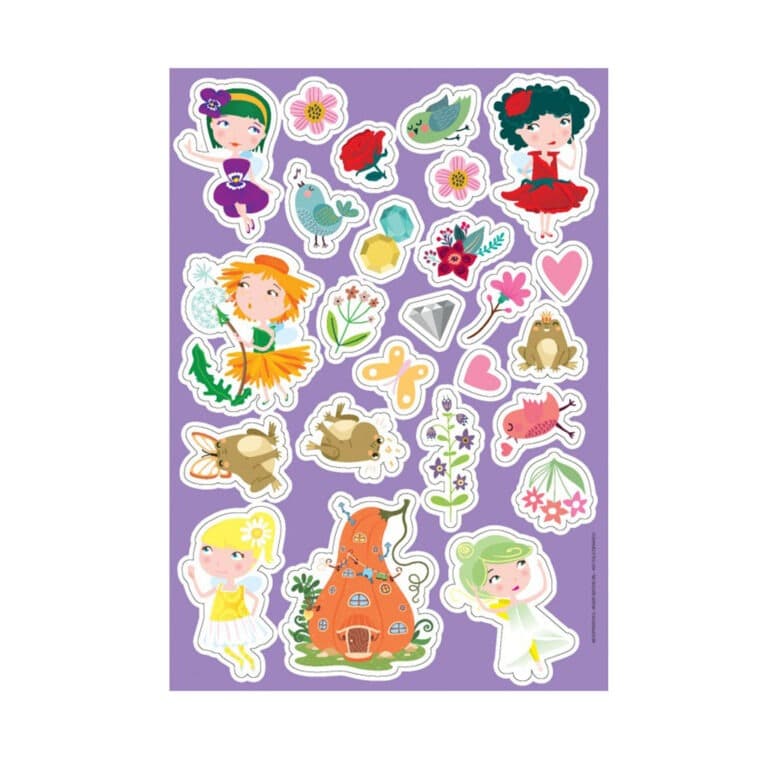 un coffret sur le thème des fées Sassi, planche de stickers, vue de face sur fond blanc