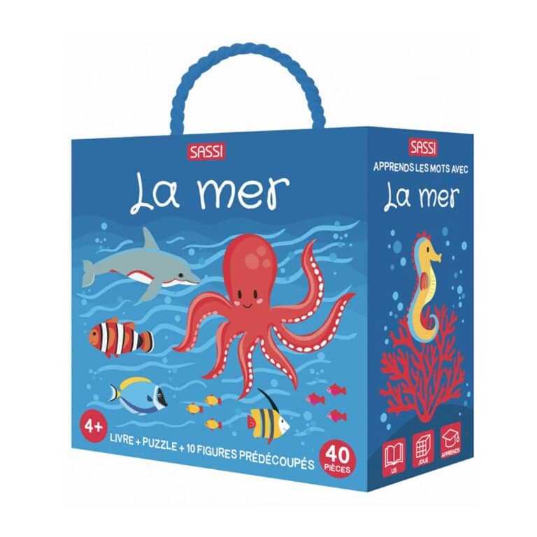 livre et puzzle apprends les mots de la mer sassi sur fond blanc