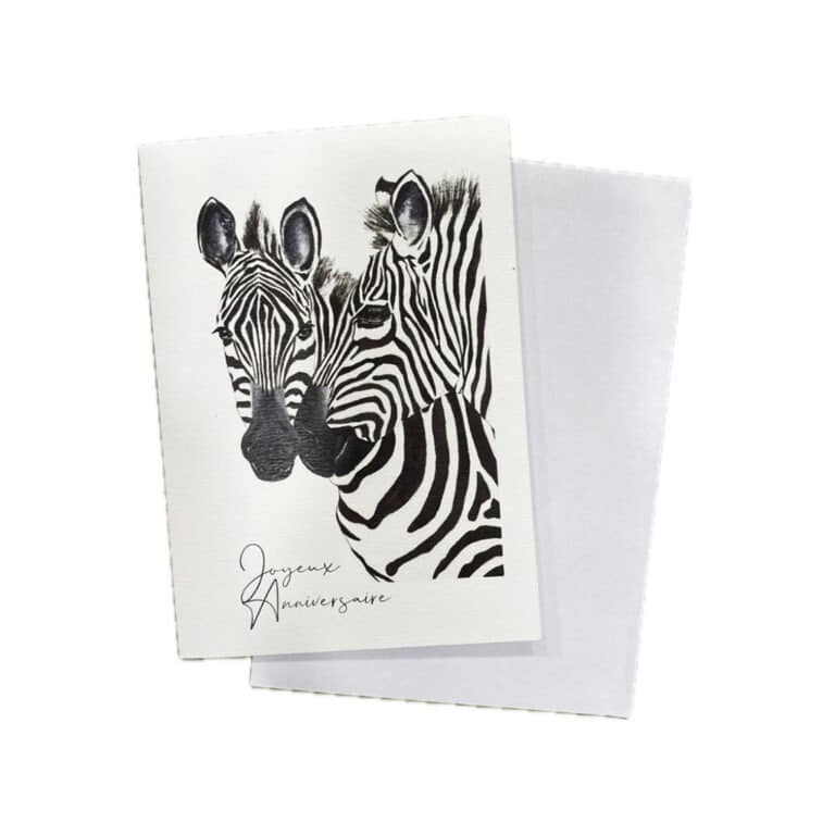 une carte avec son enveloppe zèbres joyeux anniversaire, Les Aquarelles de Marlène, vue de face sur fond blanc
