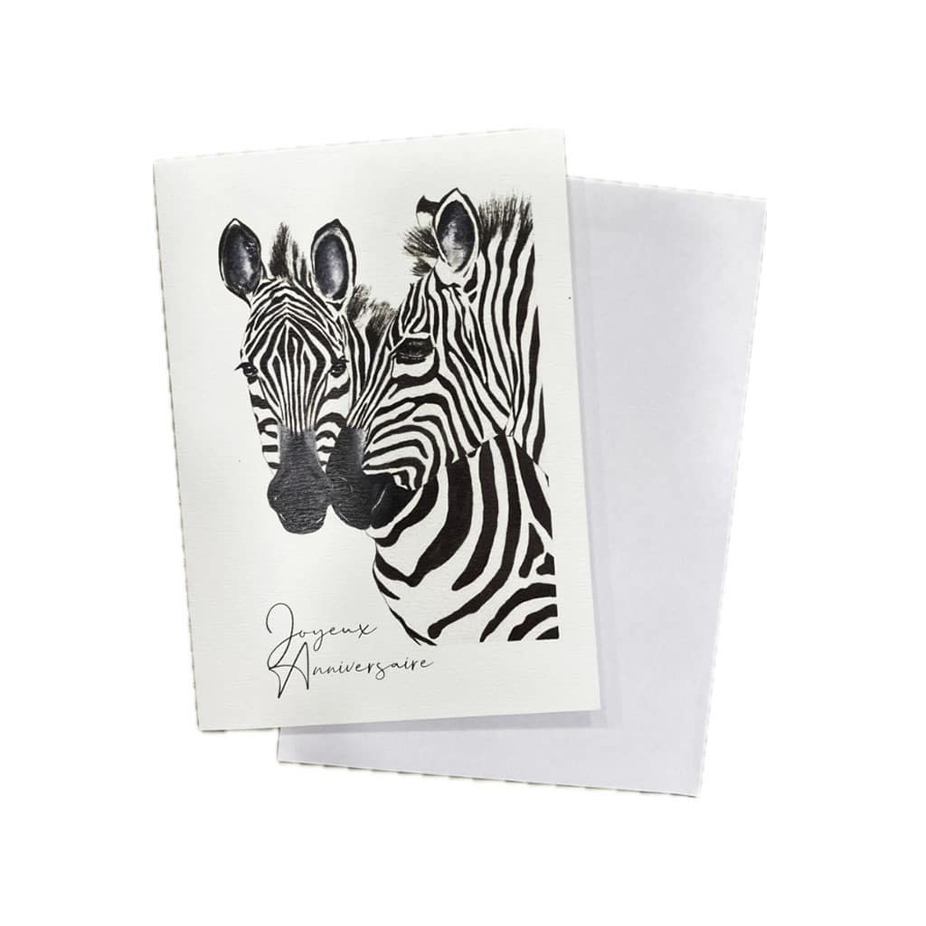 une carte avec son enveloppe zèbres joyeux anniversaire, Les Aquarelles de Marlène, vue de face sur fond blanc