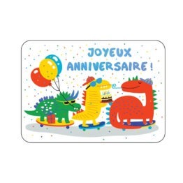 une carte joyeux anniversaire dinosaures funs CARTESDART, vue de face sur fond blanc